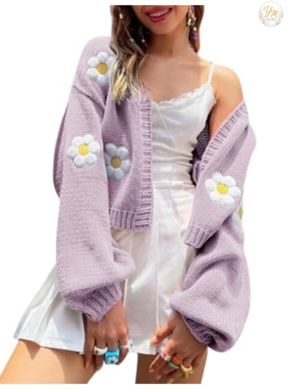 Women's Floral Knit Cropped Cardigan Long Sleeve Open Front Shrug